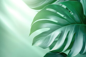 Fototapeta premium Close-up of a vibrant green Monstera leaf, bathed in soft sunlight, showcasing its unique texture and shape.