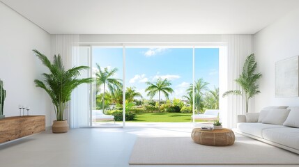 Bright Modern Living Room with Large Windows and Lush Outdoor View