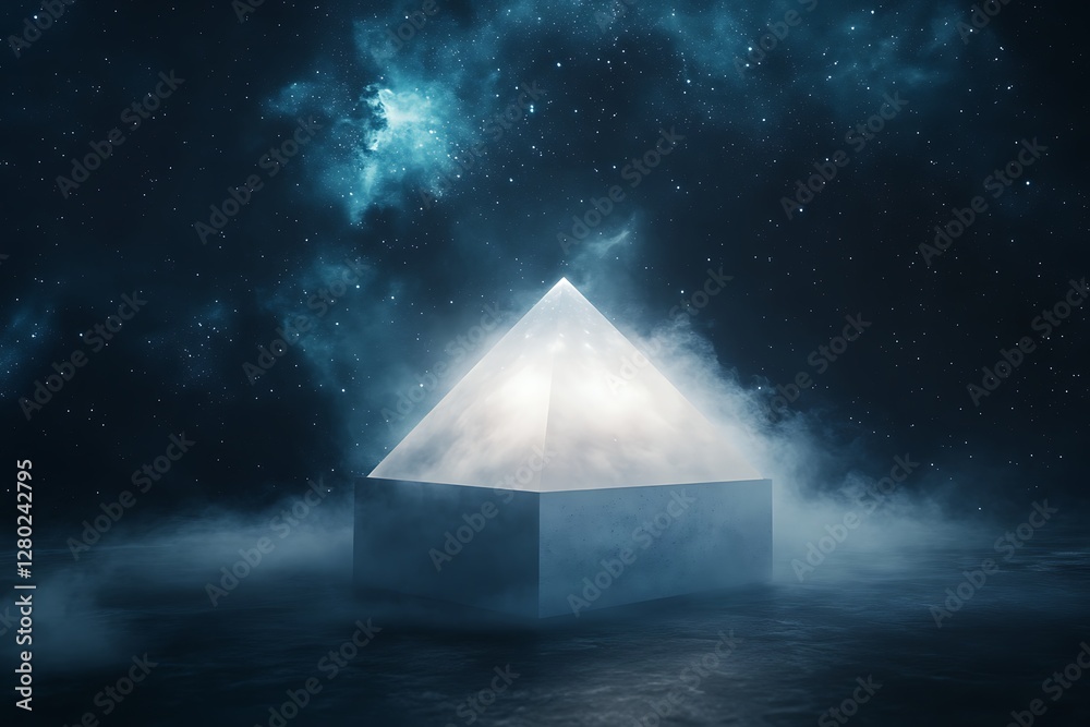 Poster A stunning 3D render of a levitating pyramid, showcasing a unique conceptual design and artistic flair.
