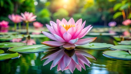 pink lotus flower in a pond with water lilies
