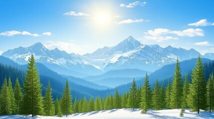 Snowy Mountain Peaks and Evergreen Forest Under a Bright Sun Perfect Winter Scenery Holiday Destination Calm Serene Nature