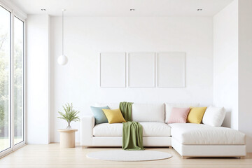 Fototapeta premium modern living room white color scheme white sofa green blanket