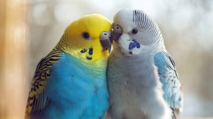 Two Parakeets Showing Affection Close Up