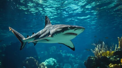Fototapeta premium Gray Reef Shark Swimming in a Vibrant Blue Ocean