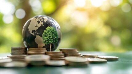Green earth with coins and growth graph