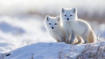 Two White Arctic Fox Kits in Snowy Landscape