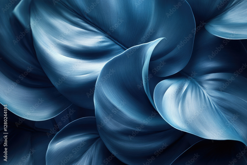 Poster close-up of deep blue leaves, showcasing intricate textures and flowing lines.
