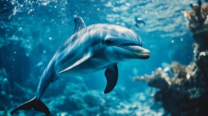 Fototapeta premium Playful Dolphin Swimming in Vibrant Blue Ocean