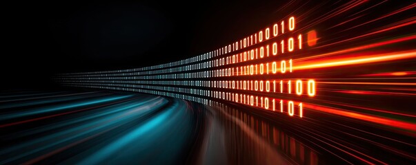 A dynamic digital landscape featuring binary code with vibrant light effects, representing data flow and technology.