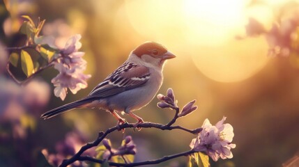 Obraz premium Small Bird Perched on Blossom Branch at Sunset