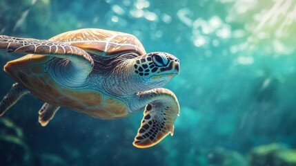 Fototapeta premium Sea Turtle Gracefully Swimming Underwater in Turquoise Ocean