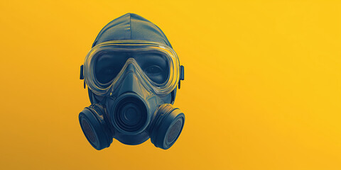 Protective gas mask on bright yellow background, emphasizing safety and health. mask features clear lenses and dual filters, ideal for hazardous environments