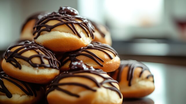 Pile of Swedish sweet buns with chocolate drizzle on top, placed on the kitchen counter