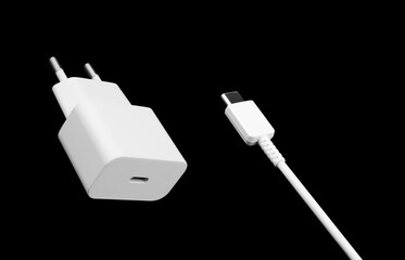 Charger with Type C socket with charging cable isolated on white background. Type C power supply....