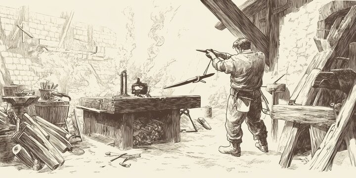 vintage blacksmith postcard, vintage etching-style postcard template with a monochrome, hand-drawn design of a blacksmith forging metal in a traditional workshop ample space for personalization