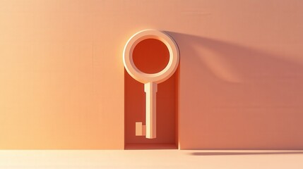 Minimalist key design embedded in a soft pink wall, casting a subtle shadow, symbolizing access