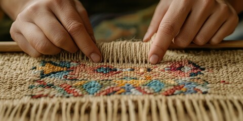 hand weaving craftsmanship, a weavers skilled hands on a loom crafting a handmade textile, with a focus on intricate patterns and vibrant threads the background reveals a rustic workshop