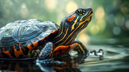 Fototapeta premium Vibrant Black and Orange Turtle in a Pond