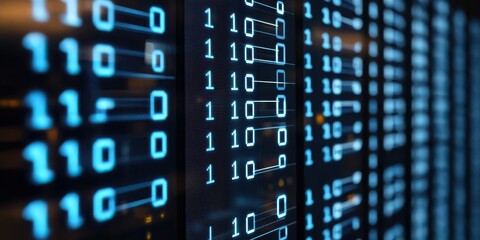 Fototapeta premium The image displays a digital representation of binary code, featuring alternating sequences of ones and zeros on a dark background.