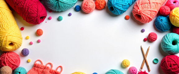 Colorful skeins of yarn and crafting supplies arranged for sale at a community rummage sale
