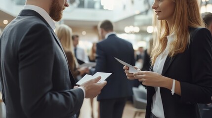 Obraz premium Business professionals exchange cards at a networking event in a vibrant modern conference hall