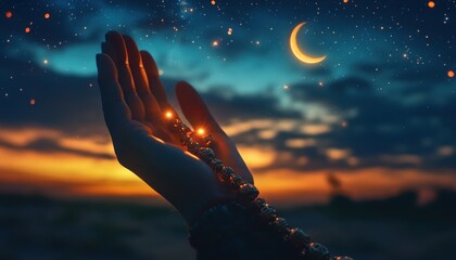 Glowing Hand Reaching for Stars Under a Crescent Moon at Sunset