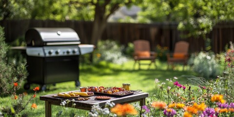 Relaxed summer barbecue in an outdoor garden. Backyard space with grill and leisure enhances nature experience. Flowers and sunlight create a vibrant summer day for relaxation enjoyment.