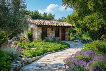 Obraz premium Stone cottage nestled in a lush garden, featuring a flagstone path & lavender. Ideal for websites, blogs, or articles about idyllic homes, landscaping, or Mediterranean scenery.