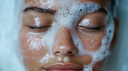 Close Up of Woman's Face Covered in Cleansing Foam