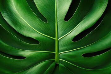 Close-up of a vibrant green Monstera deliciosa leaf, showcasing its unique fenestrations and texture.