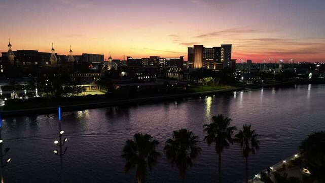Curtis Hixon Waterfront Park At Tampa Florida United States. Breathtaking Aerial Landscape Of Famous Leisure Park Of The City. Sunset Sky Downtown Cityscape. Sunset Drone View Panning Wide.