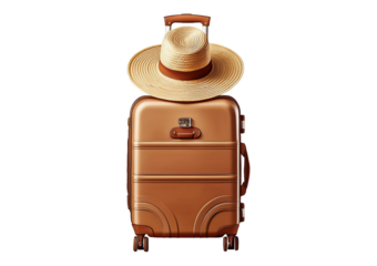Travel suitcase with straw hat front view full length on transparent or white background