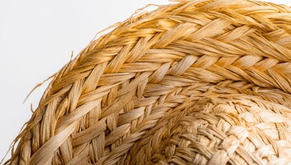 Close-up straw hat weave, studio shot, sunlit texture