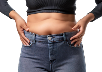Cropped Unretouched Photo of Girl Belly with Fat Folds Isolated on Transparent or White Background