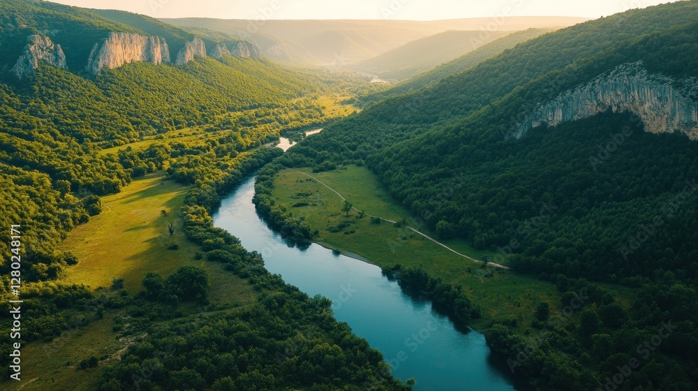 Poster aerial view of a serene river winding through a lush green valley, surrounded by steep cliffs and de