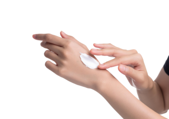 Woman putting moisturizing cream on hand Isolated on transparent or white Background