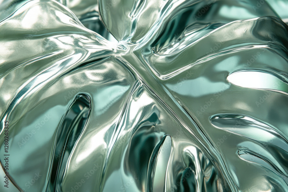 Poster close-up of a metallic teal monstera leaf with reflective surface texture.