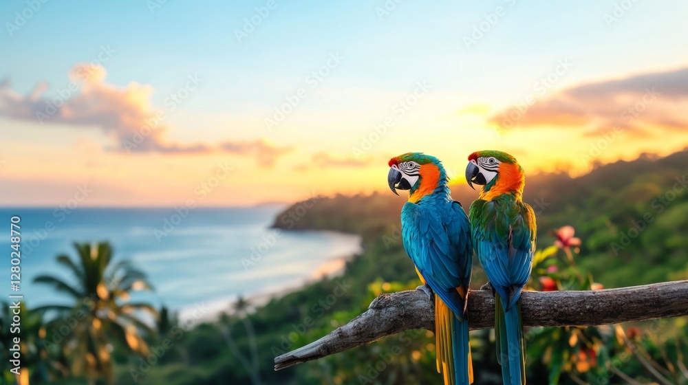 Poster two vibrant macaws perched on a branch catch the warm glow of a tropical sunset as they gaze towards