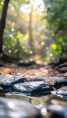 Fototapeta premium Sunlight filters through a blurred forest landscape with natural surroundings