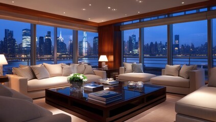 Fototapeta premium Luxury Apartment with Stunning Night View of NYC Skyline