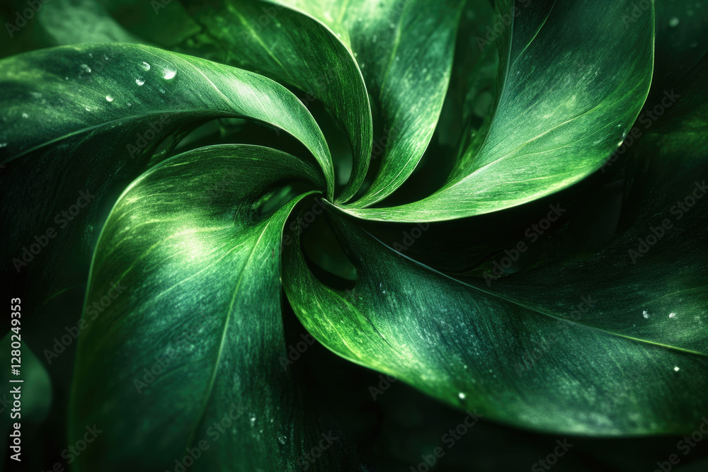 Poster dark green leaves arranged in a spiral pattern, showcasing intricate details and textures.