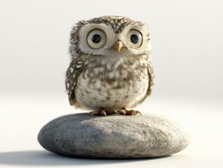 Obraz premium Adorable Fluffy Owl Perched on Gray Stone Against White Background