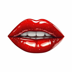 Realistic glossy red lips with detailed texture, highlights, and shading, sensual and glamorous beauty illustration for makeup and fashion themes, isolated on transparent background.