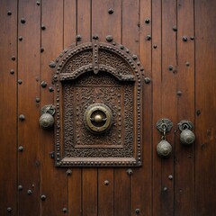Fototapeta premium A beautifully arranged traditional Persian traditional wooden door, adorned with symbolic metal knockers, isolated on a clear background.