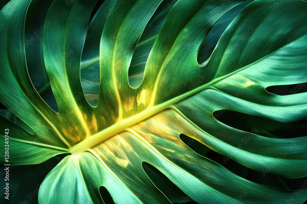 Poster a close-up of a vibrant green monstera deliciosa leaf, showcasing its unique texture and patterns.