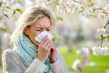 Blonde woman sneezing in a park full of blooming trees, suffering from seasonal allergies during springtime