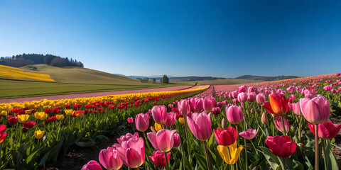 Obraz premium Vibrant tulip fields in full bloom, stretching across hills under a bright blue sky, the concept of spring and warmth