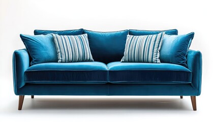 Fototapeta premium Teal velvet sofa with striped cushions in a studio setting