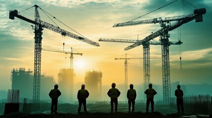 Silhouette of construction workers and cranes during sunrise. Workers in engineering and industry gear build structures. Teamwork leads the building development process.