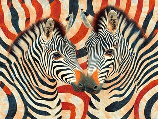 Two Zebras Close Up Portrait Against Abstract Red and Orange Swirl Background